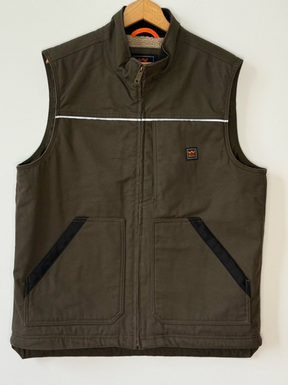 Walls Outdoor Goods Vest Men’s Large Brown Canvas Sherpa Fleece Lined Reflective
